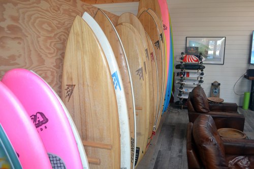 Nearly 200 braved high temperatures to welcome Surf Ranch to City of Lemoore Surf boards housed in one of the buildings at the Surf Ranch site.